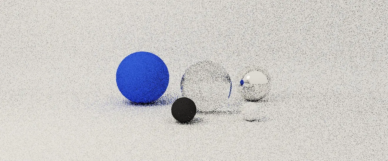 A path-traced render in a white studio: a matte cobalt sphere, a glass sphere, a chrome sphere, a small black sphere and a small white sphere, lit by one soft light. Shown at 1 sample per pixel, still noisy.