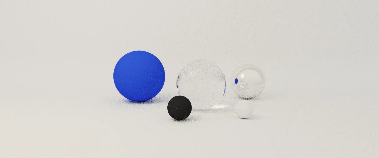 A path-traced render in a white studio: a matte cobalt sphere, a glass sphere, a chrome sphere, a small black sphere and a small white sphere, lit by one soft light. Shown at 16 samples per pixel, still noisy.